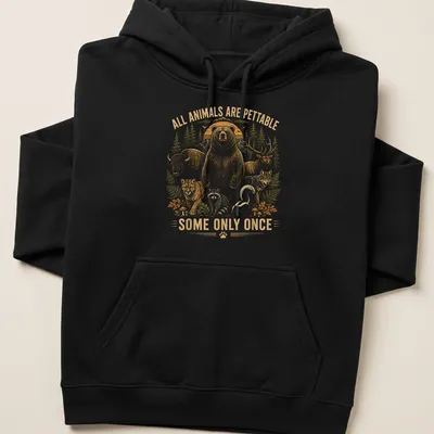 Vintage illustration of various forest animals with humorous text about petting them. — printed on a unisex hoodie