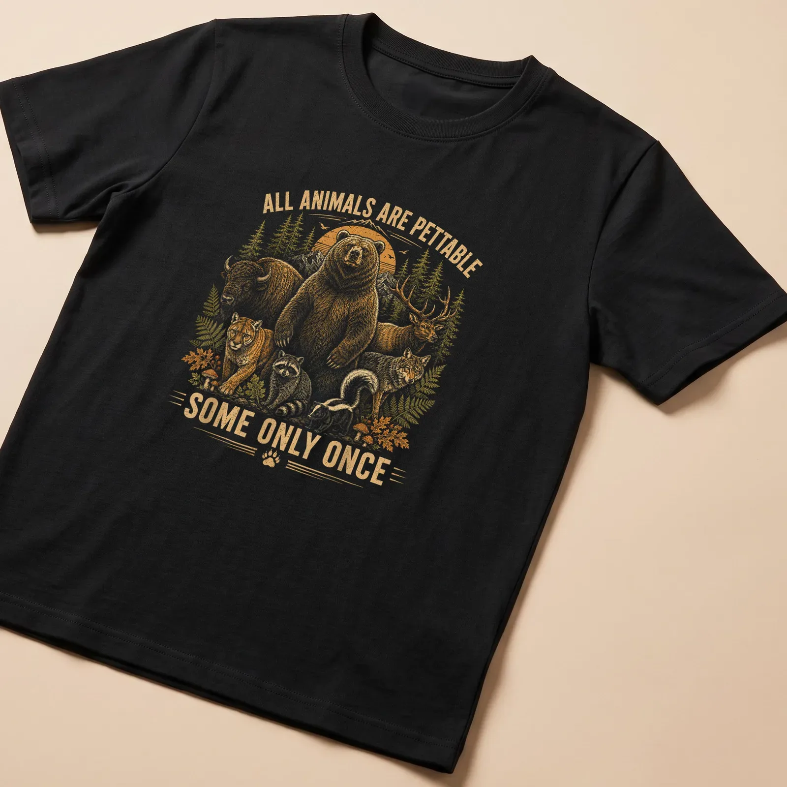 Vintage illustration of various forest animals with humorous text about petting them. — printed on a unisex t-shirt