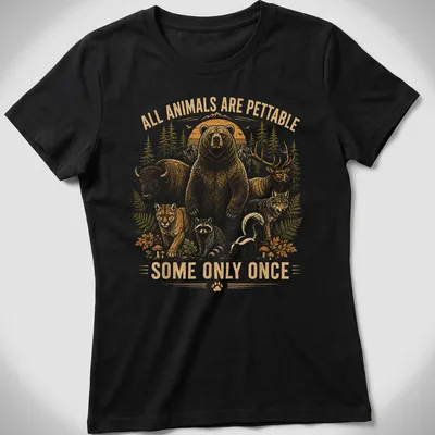 Vintage illustration of various forest animals with humorous text about petting them. — printed on a women's shirt