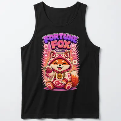 Kawaii Fortune Fox graphic T-shirt with colorful text and cute fox design — printed on a tank top