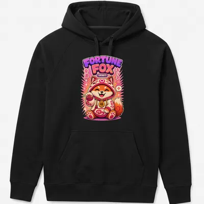 Kawaii Fortune Fox graphic T-shirt with colorful text and cute fox design — printed on a unisex hoodie