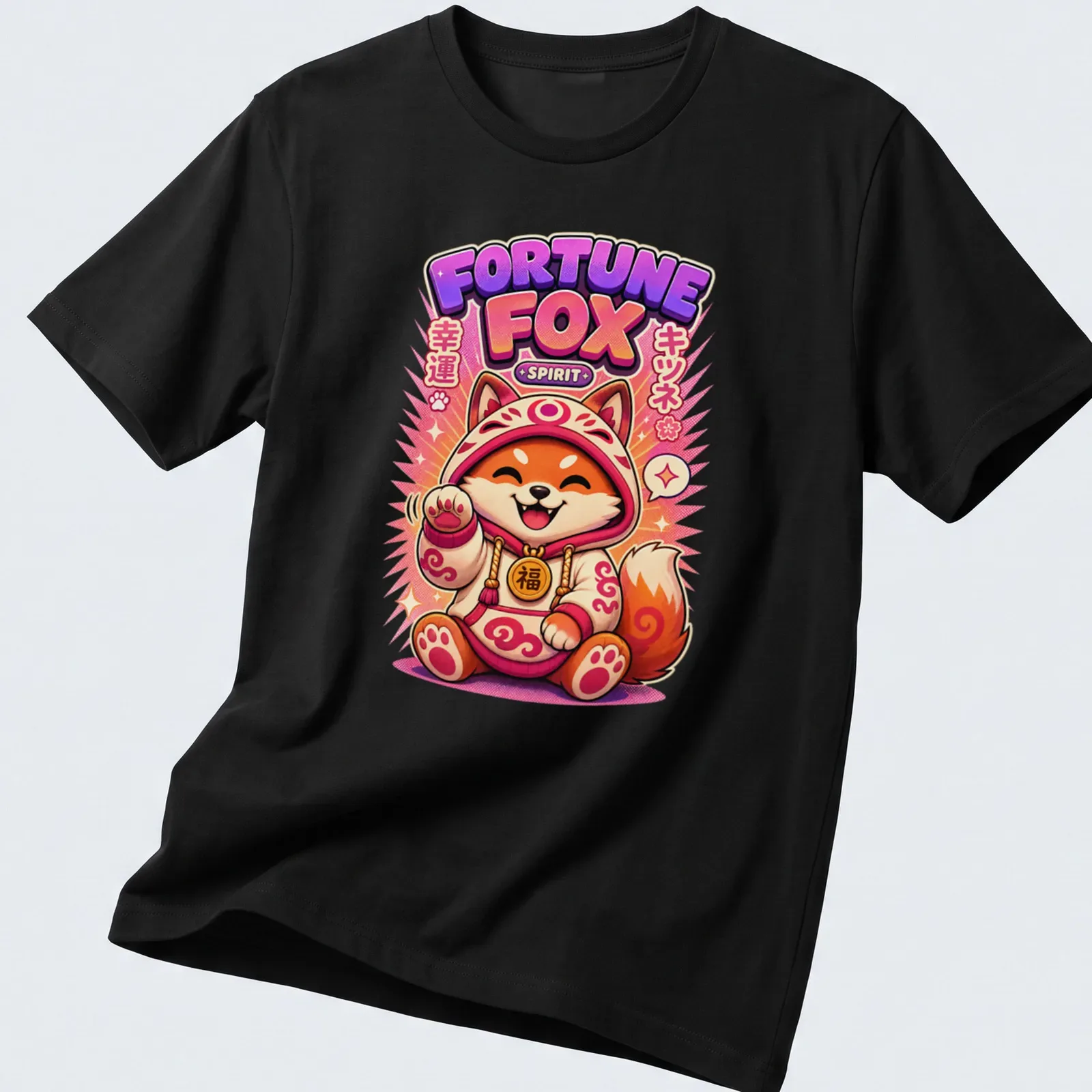 Kawaii Fortune Fox graphic T-shirt with colorful text and cute fox design — printed on a unisex t-shirt