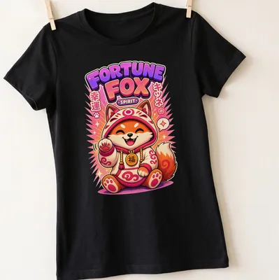 Kawaii Fortune Fox graphic T-shirt with colorful text and cute fox design — printed on a women's shirt