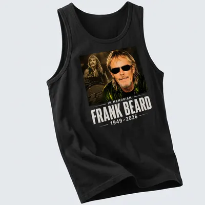 In memoriam t-shirt featuring Frank Beard with elegant lettering in black, gold, and white — printed on a tank top
