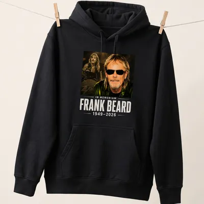 In memoriam t-shirt featuring Frank Beard with elegant lettering in black, gold, and white — printed on a unisex hoodie