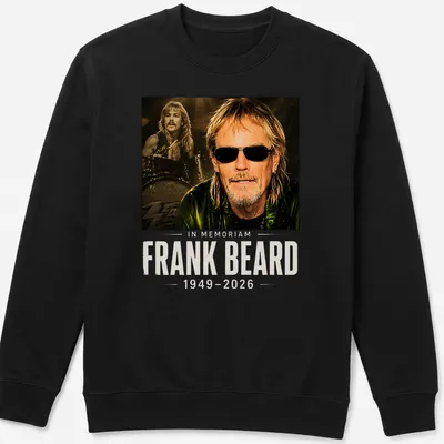 In memoriam t-shirt featuring Frank Beard with elegant lettering in black, gold, and white — printed on a unisex sweatshirt