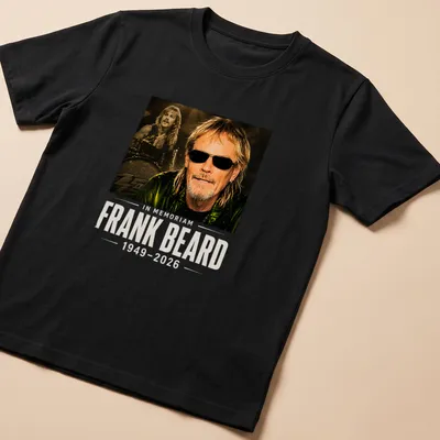 In memoriam t-shirt featuring Frank Beard with elegant lettering in black, gold, and white