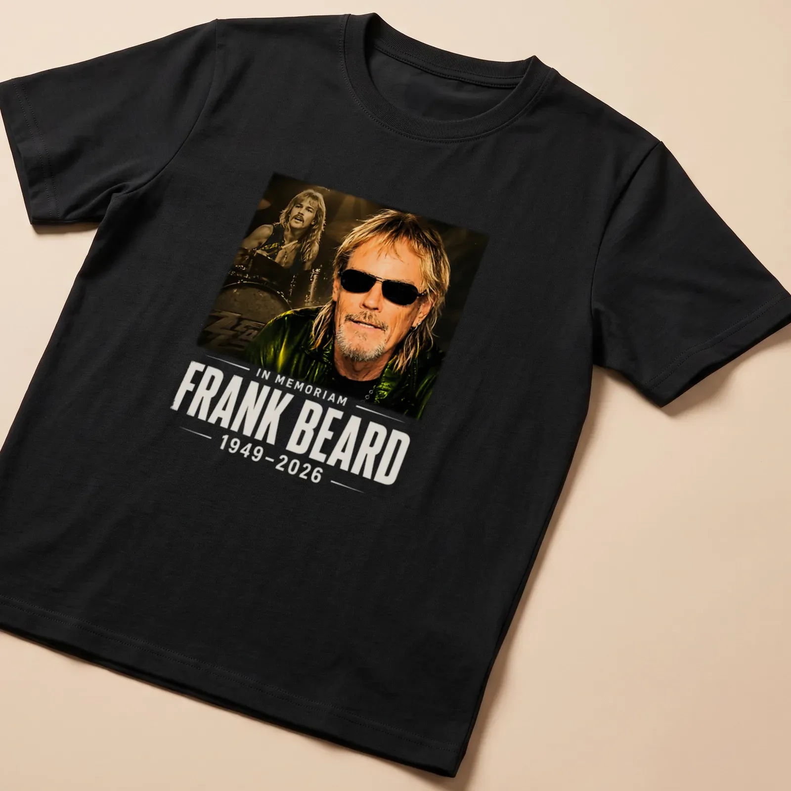 In memoriam t-shirt featuring Frank Beard with elegant lettering in black, gold, and white — printed on a unisex t-shirt