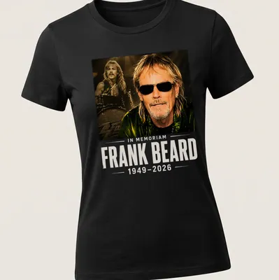 In memoriam t-shirt featuring Frank Beard with elegant lettering in black, gold, and white — printed on a women's shirt