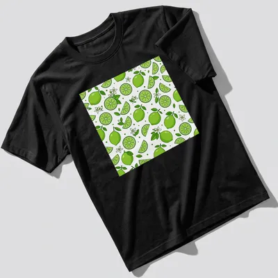 Seamless pattern of green limes and slices on a white background. — printed on a unisex t-shirt