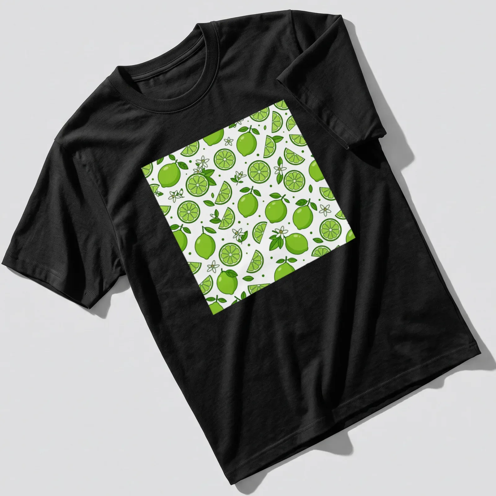 Seamless pattern of green limes and slices on a white background. — printed on a unisex t-shirt