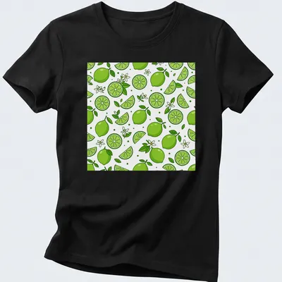 Seamless pattern of green limes and slices on a white background. — printed on a women's shirt