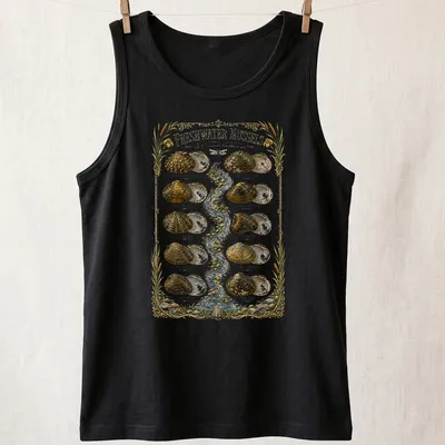 Vintage illustration of freshwater mussels with scientific names printed in detail — printed on a tank top