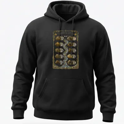 Vintage illustration of freshwater mussels with scientific names printed in detail — printed on a unisex hoodie
