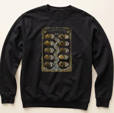 Vintage illustration of freshwater mussels with scientific names printed in detail — printed on a unisex sweatshirt