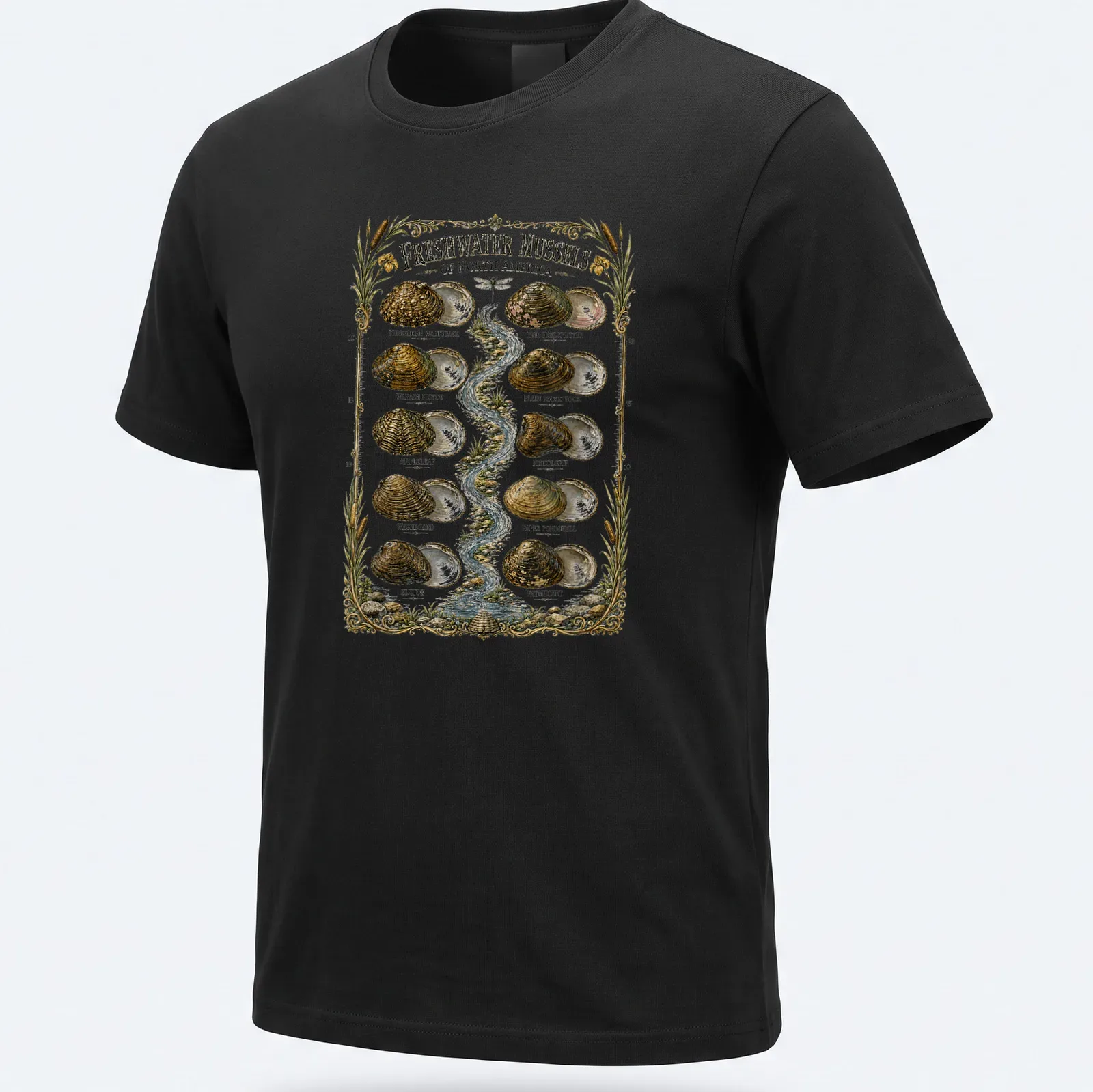 Vintage illustration of freshwater mussels with scientific names printed in detail — printed on a unisex t-shirt