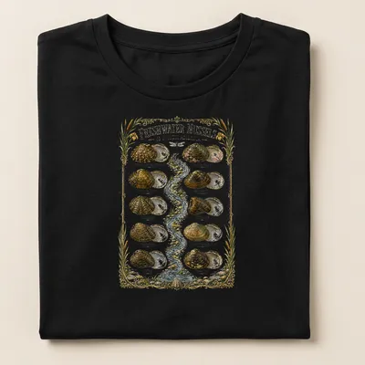 Vintage illustration of freshwater mussels with scientific names printed in detail — printed on a women's shirt