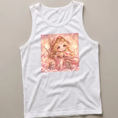 Kawaii design of Freya holding a gem with cute cats around her, in pastel colors — printed on a tank top