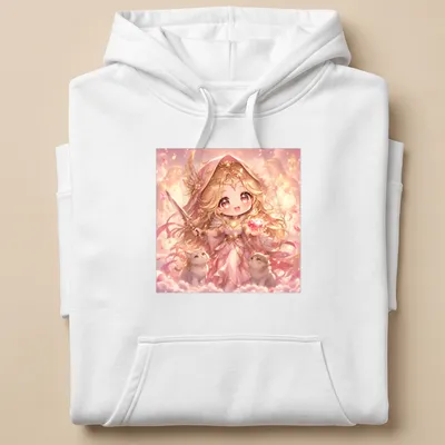 Kawaii design of Freya holding a gem with cute cats around her, in pastel colors — printed on a unisex hoodie