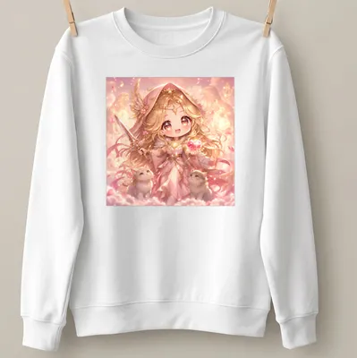 Kawaii design of Freya holding a gem with cute cats around her, in pastel colors — printed on a unisex sweatshirt