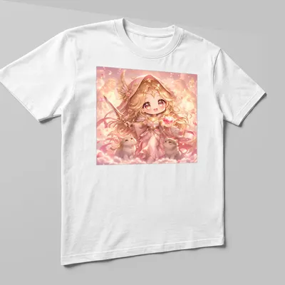 Kawaii design of Freya holding a gem with cute cats around her, in pastel colors — printed on a unisex t-shirt (angled view)