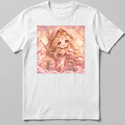 Kawaii design of Freya holding a gem with cute cats around her, in pastel colors