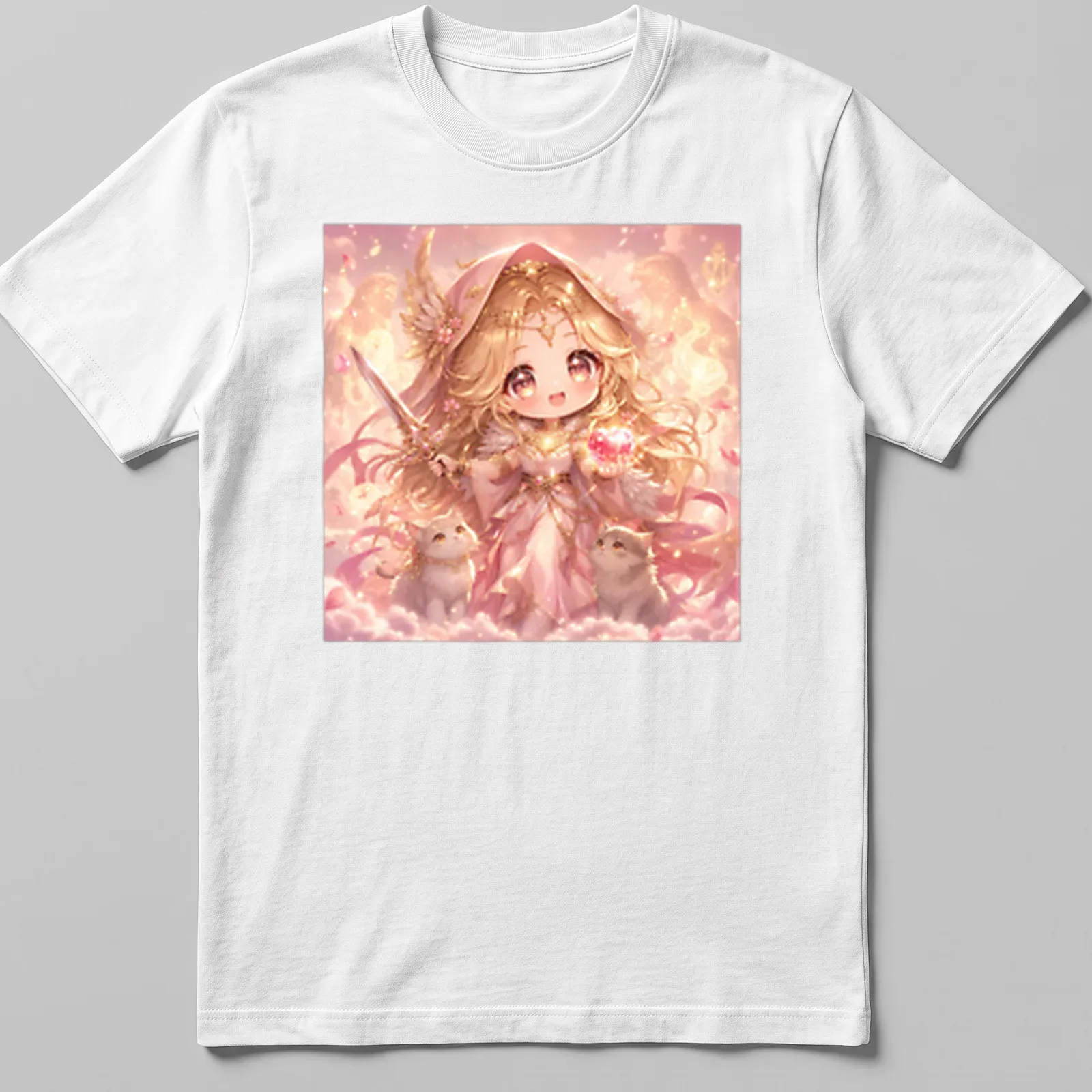 Kawaii design of Freya holding a gem with cute cats around her, in pastel colors — printed on a unisex t-shirt