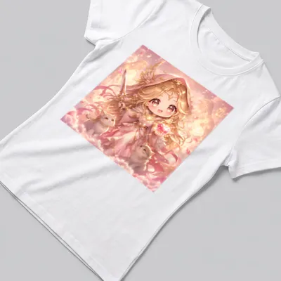 Kawaii design of Freya holding a gem with cute cats around her, in pastel colors — printed on a women's shirt
