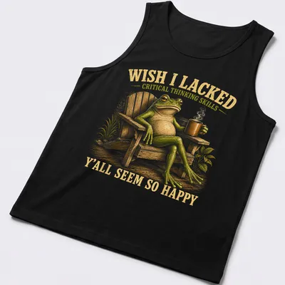 Vintage illustration of a frog with coffee and sarcastic text about critical thinking — printed on a tank top