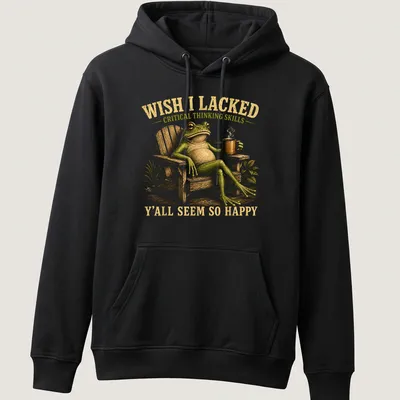 Vintage illustration of a frog with coffee and sarcastic text about critical thinking — printed on a unisex hoodie
