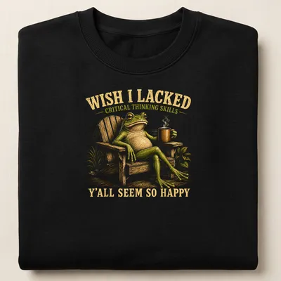 Vintage illustration of a frog with coffee and sarcastic text about critical thinking — printed on a unisex sweatshirt