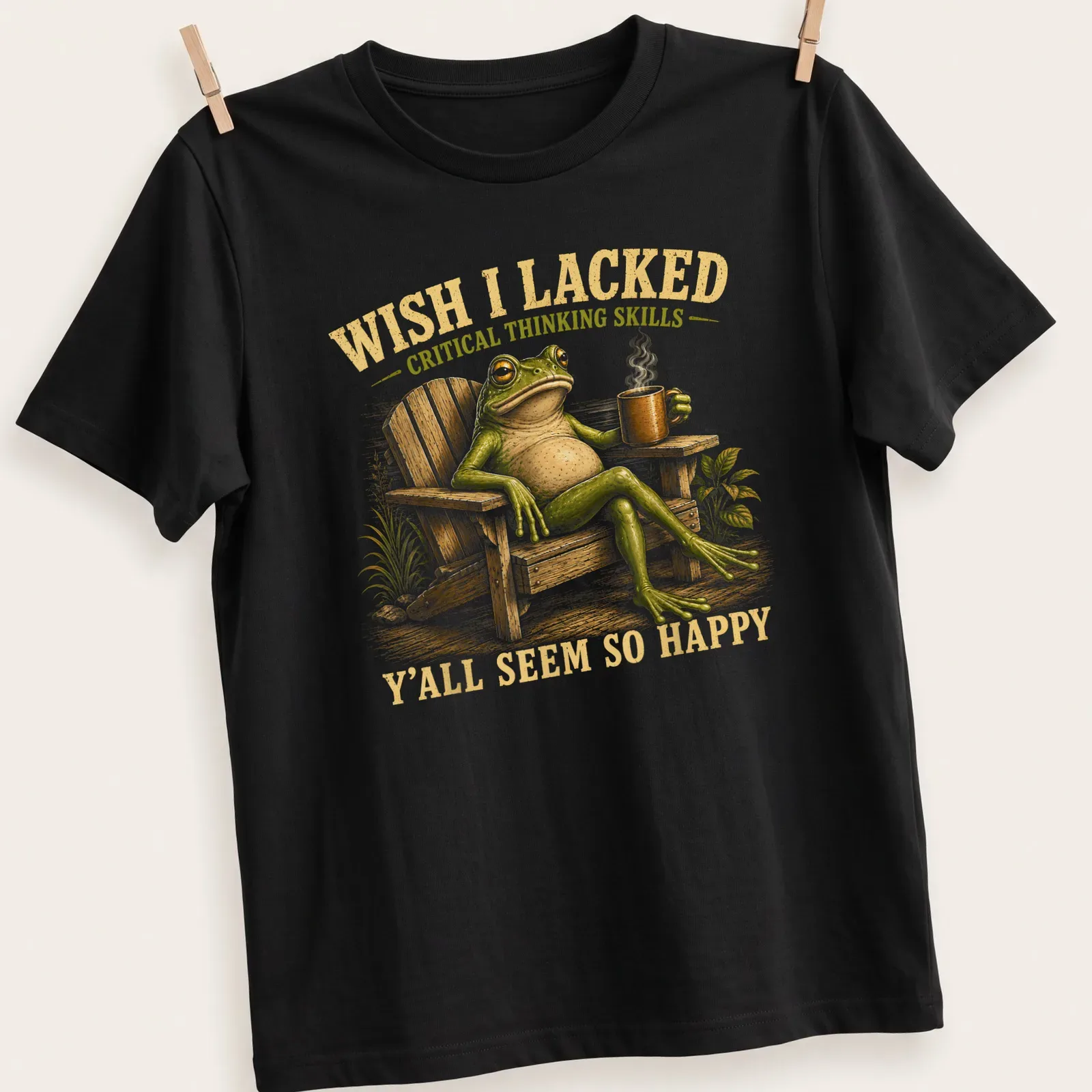 Vintage illustration of a frog with coffee and sarcastic text about critical thinking — printed on a unisex t-shirt