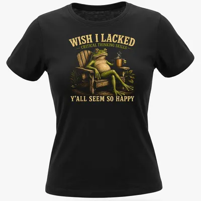 Vintage illustration of a frog with coffee and sarcastic text about critical thinking — printed on a women's shirt