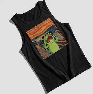 Cartoon frog parodying Edvard Munch's The Scream with playful colors — printed on a tank top