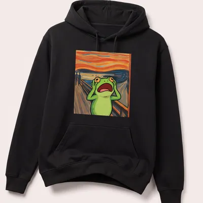 Cartoon frog parodying Edvard Munch's The Scream with playful colors — printed on a unisex hoodie
