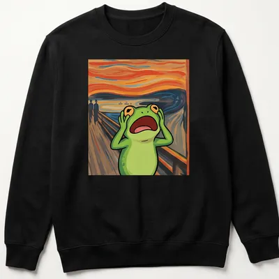 Cartoon frog parodying Edvard Munch's The Scream with playful colors — printed on a unisex sweatshirt
