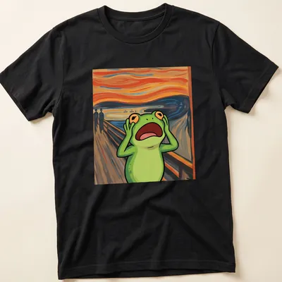 Cartoon frog parodying Edvard Munch's The Scream with playful colors