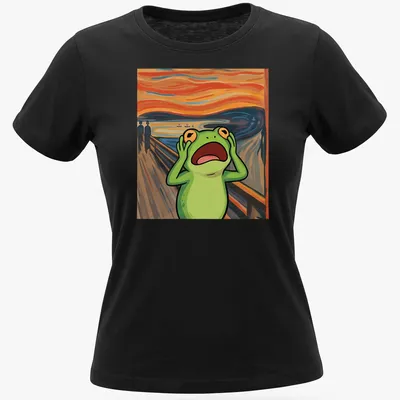Cartoon frog parodying Edvard Munch's The Scream with playful colors — printed on a women's shirt