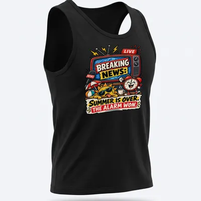 Colorful cartoon shirt featuring a sun, alarm clock, and retro TV with text about summer ending — printed on a tank top