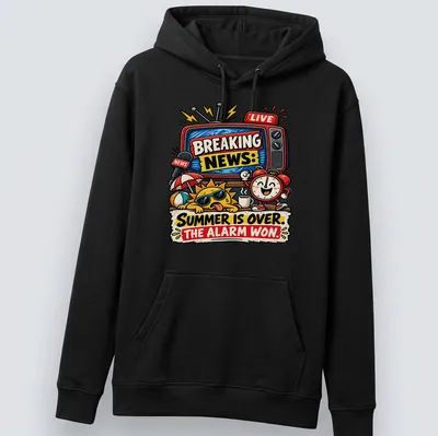Colorful cartoon shirt featuring a sun, alarm clock, and retro TV with text about summer ending — printed on a unisex hoodie