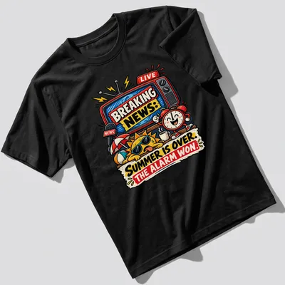 Colorful cartoon shirt featuring a sun, alarm clock, and retro TV with text about summer ending