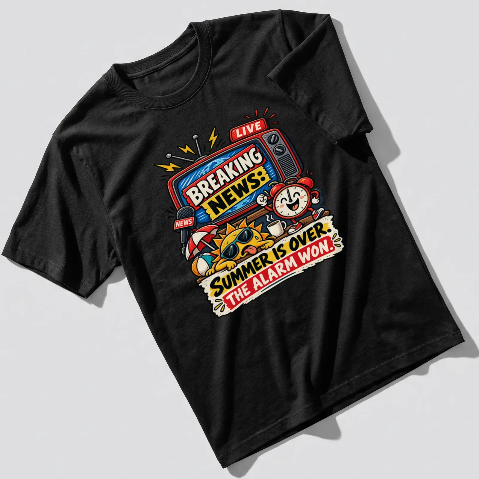 Colorful cartoon shirt featuring a sun, alarm clock, and retro TV with text about summer ending — printed on a unisex t-shirt