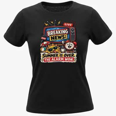 Colorful cartoon shirt featuring a sun, alarm clock, and retro TV with text about summer ending — printed on a women's shirt