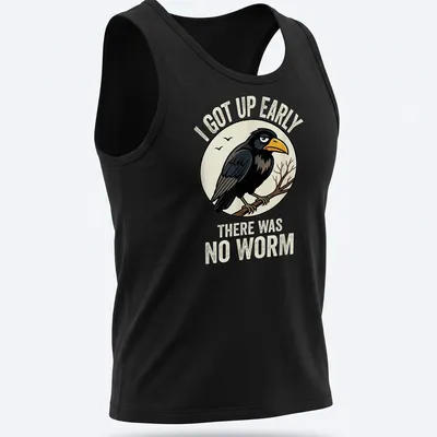 Vintage-style shirt featuring a cartoon bird with text about waking up early without a worm — printed on a tank top