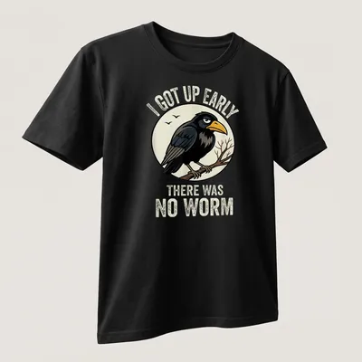 Vintage-style shirt featuring a cartoon bird with text about waking up early without a worm — printed on a unisex t-shirt (angled view)