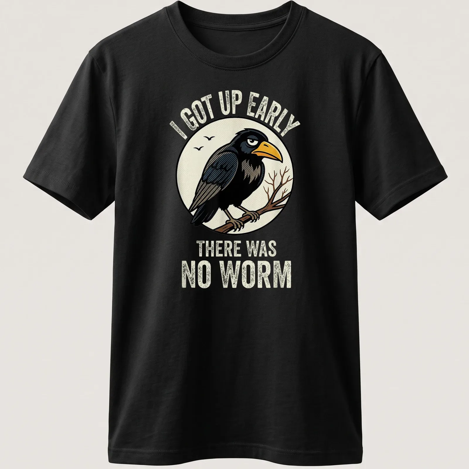 Vintage-style shirt featuring a cartoon bird with text about waking up early without a worm — printed on a unisex t-shirt