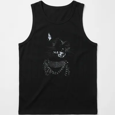 Hip hop style black cat T-shirt with grillz and chains in gold and silver — printed on a tank top