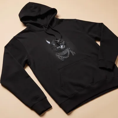 Hip hop style black cat T-shirt with grillz and chains in gold and silver — printed on a unisex hoodie