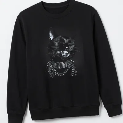 Hip hop style black cat T-shirt with grillz and chains in gold and silver — printed on a unisex sweatshirt