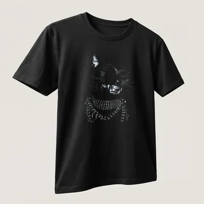 Hip hop style black cat T-shirt with grillz and chains in gold and silver — printed on a unisex t-shirt (angled view)